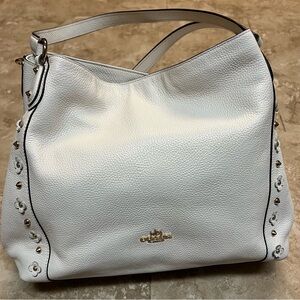 Coach White Pebbled Leather Hobo with Floral Stud Accents